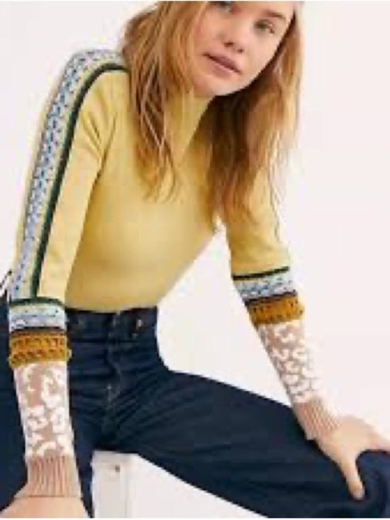 Free People Tops - Free People Switch It Up Top Womens M Yellow Thermal Knit Crochet Sleeve Boho